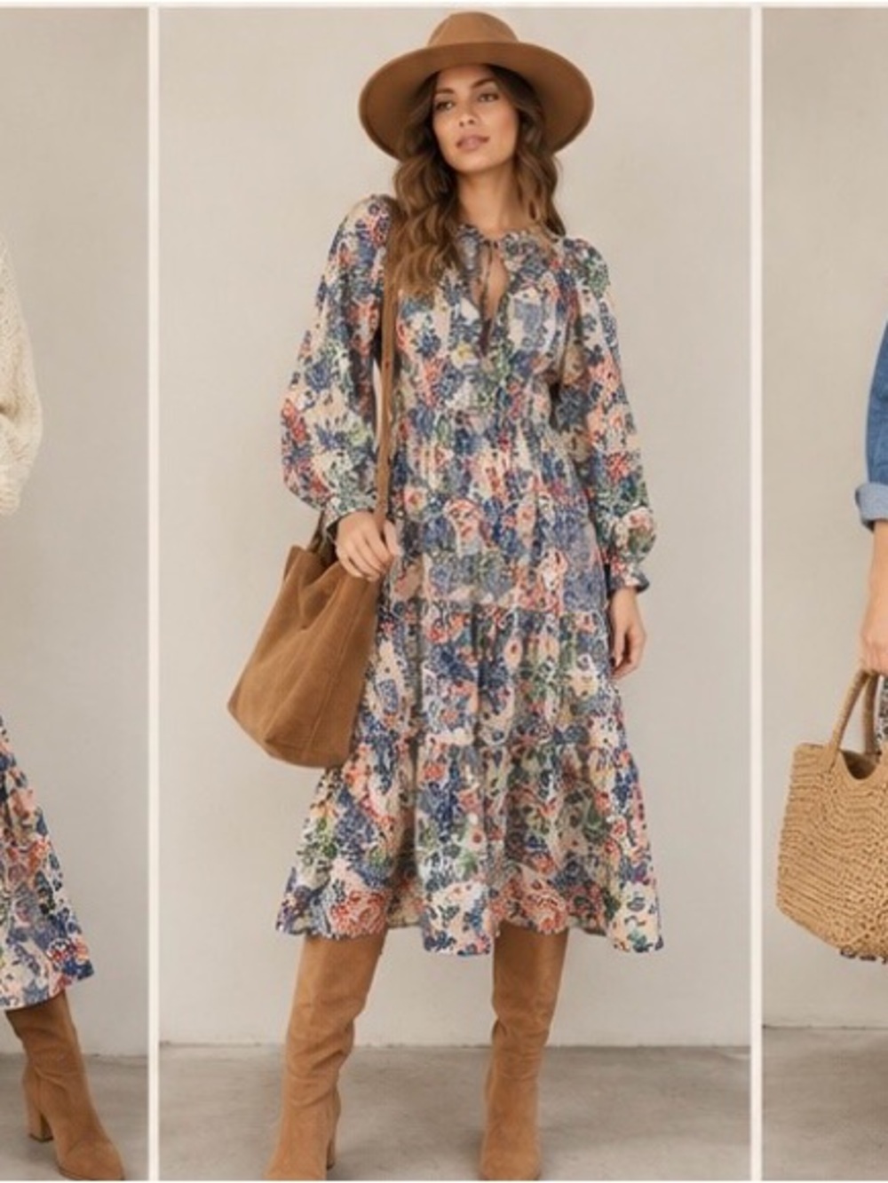 Moon River Cream Floral Tie-Neck Tiered Long Sleeve Dress